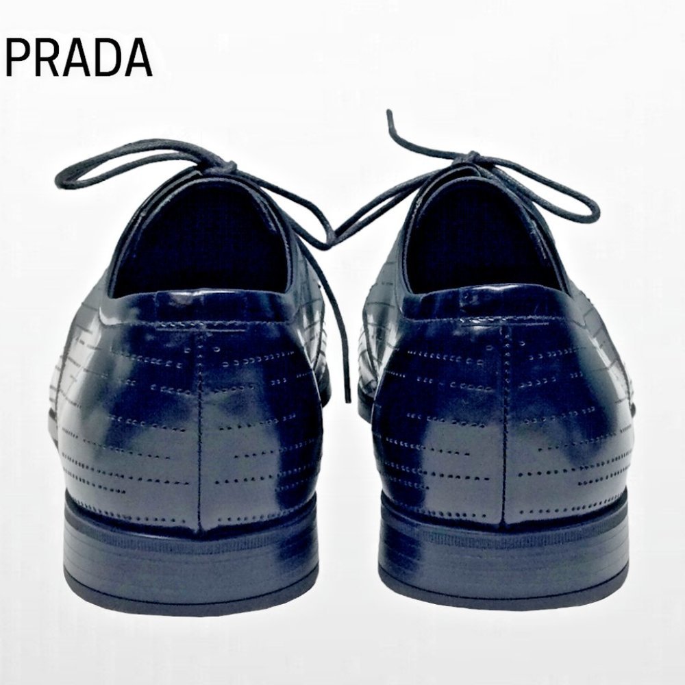 Prada Men's Black Perforated Leather Derby Oxford Dress Shoe Size 8 - Picture 5 of 8